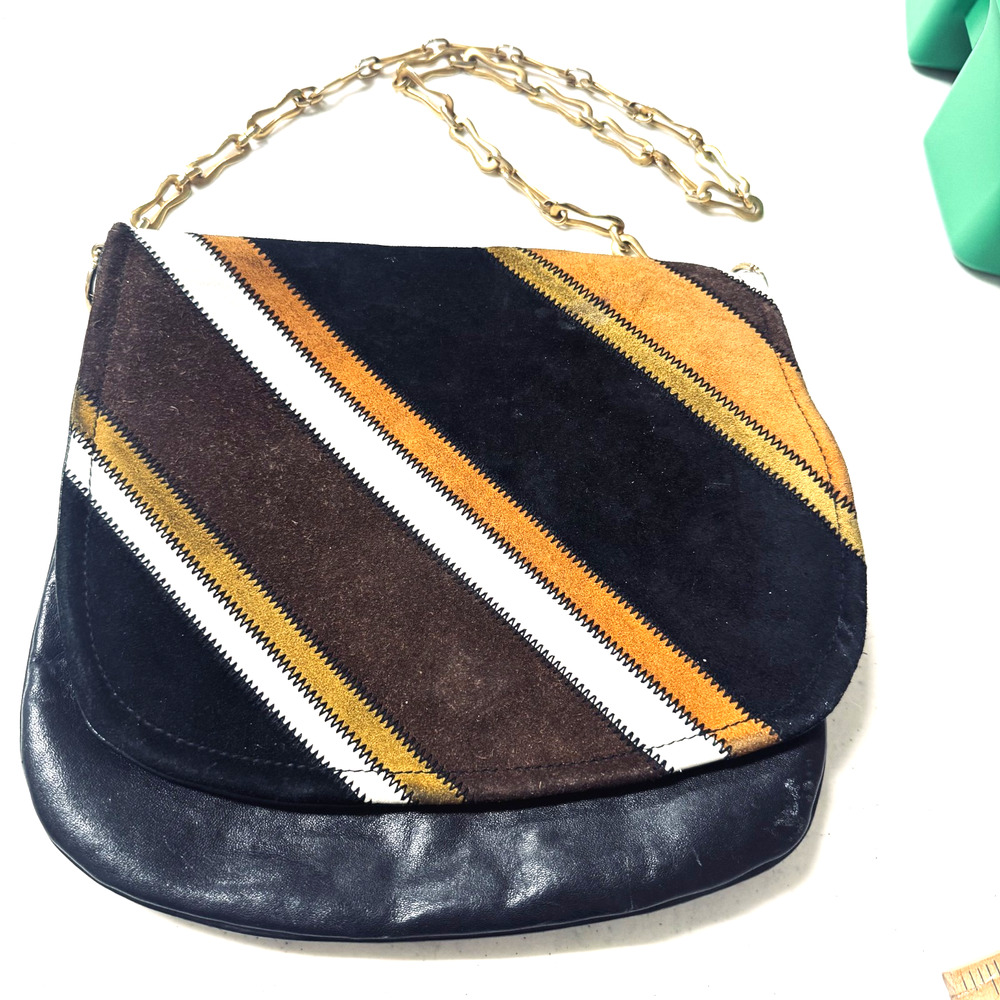 Vintage 70s suede & leather striped saddle bag purse flap gold chain patchwork - Picture 1 of 5